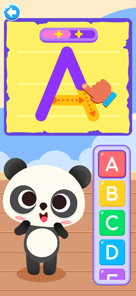 Kids Puzzle ABC Learning Games - Educational app screen showing a letter tracing activity with a panda