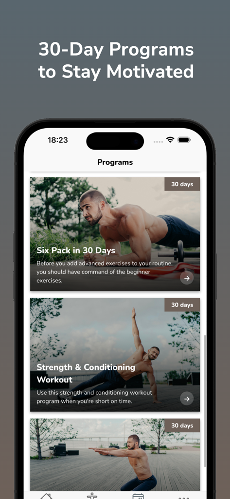 A list of 30-day strength training and bodyweight programs on the app interface