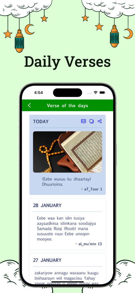 A mobile screen showing the Daily Verses feature of the Somali Quran Offline app with verses in Somali and decorative Islamic elements