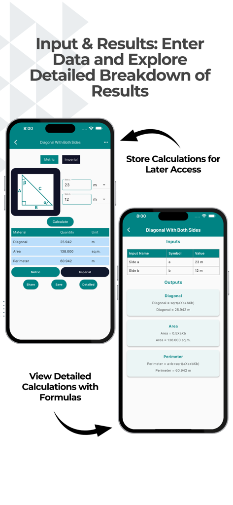 Construction Calculator A1 Pro - Construction Calculator app showing geometric calculation results and detailed formula breakdown