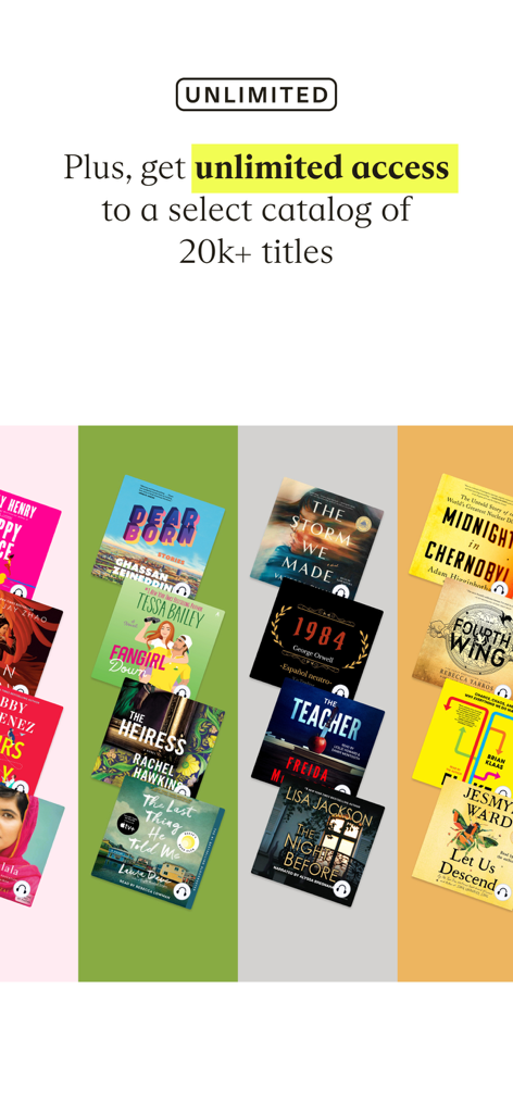 Everand App-Screenshot, der den unbegrenzten Zugriff auf einen ausgewählten Katalog von über 20.000 Hörbüchern und E-Books hervorhebt.