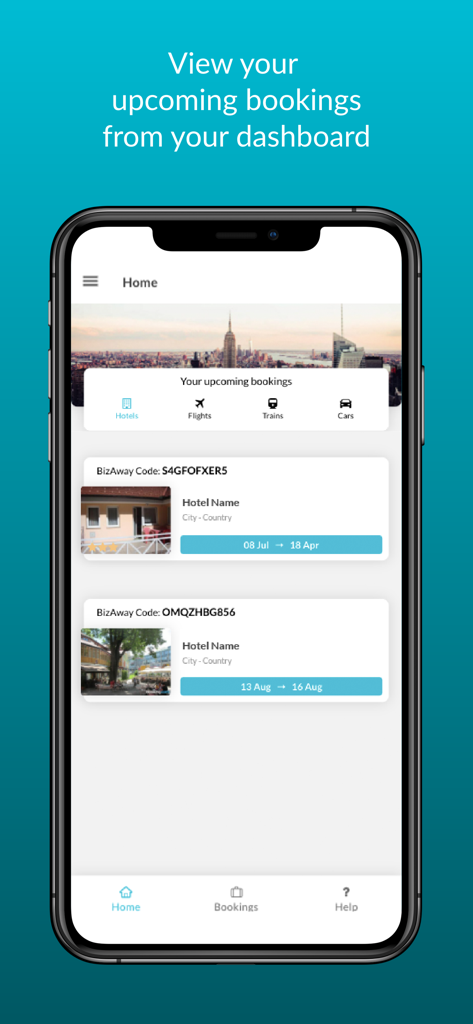 BizAway - Tableau de bord de l'application mobile BizAway affichant les prochaines réservations de voyages d'affaires pour hôtels, vols et voitures