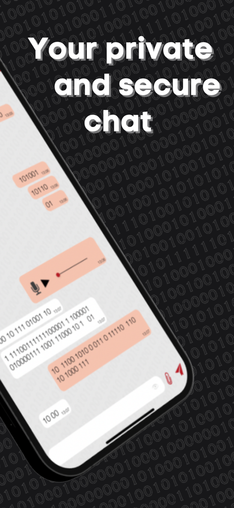 Criptoo - Interface do aplicativo Criptoo mostrando uma tela de chat segura com mensagens binárias criptografadas e o texto Seu chat privado e seguro