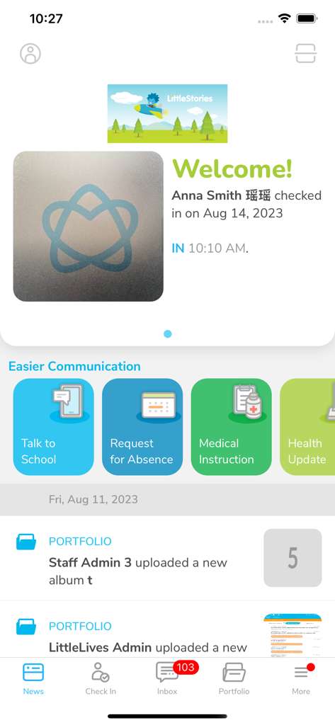 Little Family Room for Parents - Little Family Room app dashboard showing child check-in status and school communication shortcuts.