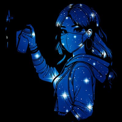 realistic girl with mask spray painting a wall