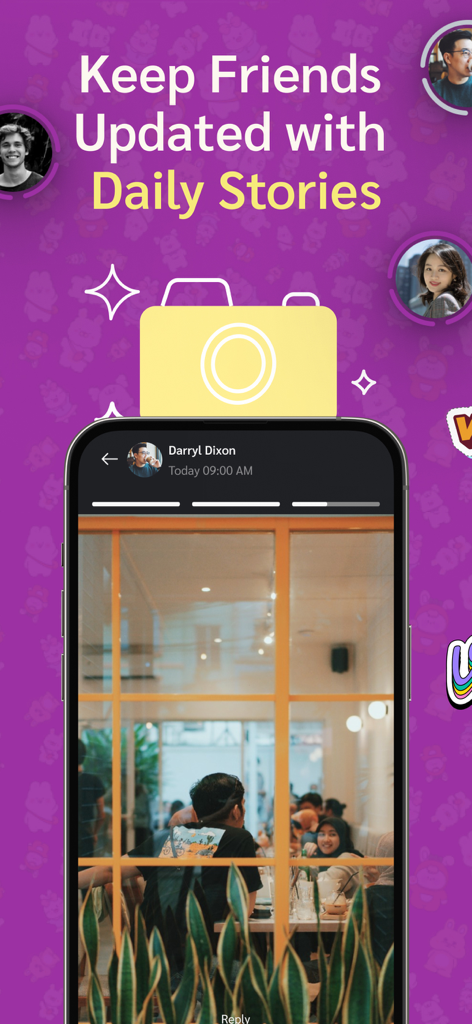 Video Chat — Tokee - A smartphone displaying the daily stories feature of the Tokee messaging app against a vibrant purple background