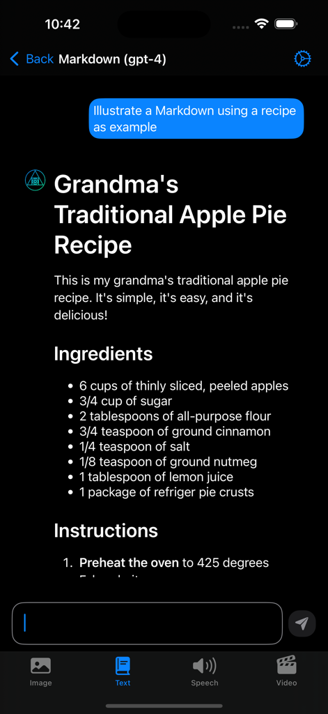 Interfaz de la aplicación Genesis AI mostrando una receta de pastel de manzana generada por IA en formato markdown.