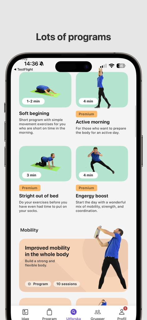 Uma interface móvel do aplicativo Physio Home Training exibindo vários programas curtos de mobilidade e exercícios matinais.