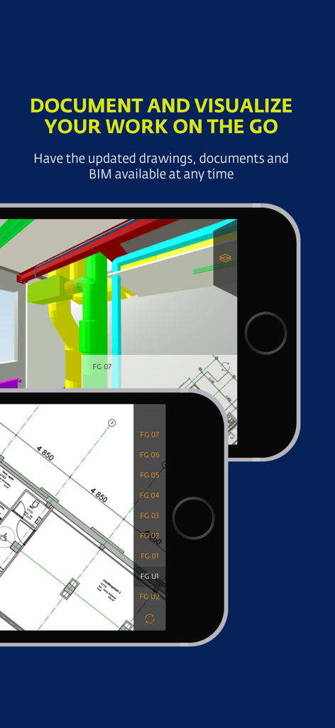 StreamBIM - 모바일 화면에 3D 모델과 2D 평면도를 보여주는 StreamBIM 건설 앱