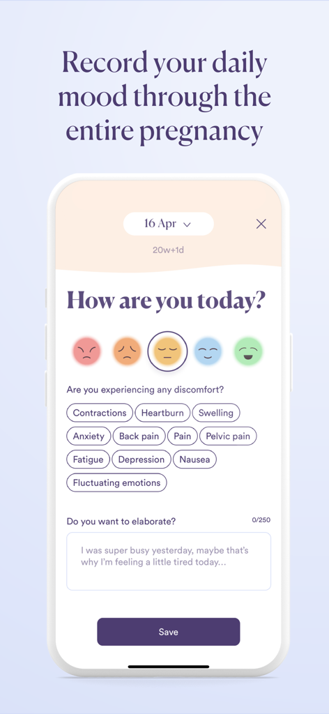 Baby Journey app screen for tracking daily mood and pregnancy symptoms with emojis and descriptive tags