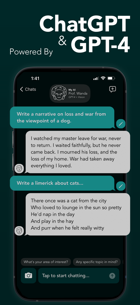 StudyAI - Web & Photo AI Tutor - Mobile screen showing a chat interface with Prof Wanda AI providing creative writing responses for a narrative and a limerick.