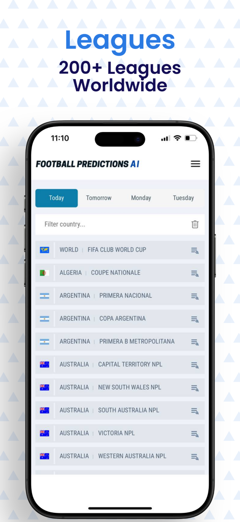 Benutzeroberfläche der Football Predictions AI App, die globale Fußballligen auflistet.