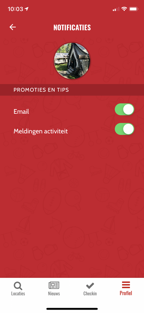 Notification settings screen in the SNS-Pas app showing toggles for email and activity alerts