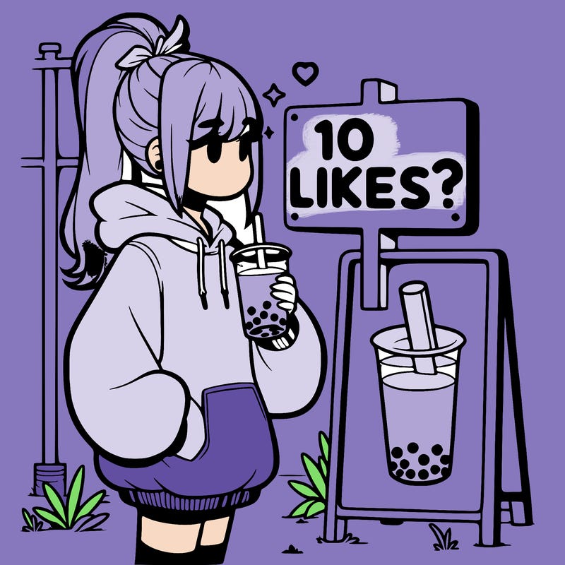 girl with oversized hoodie drinking boba and she has a high ponytail with a sign that says 10likes?