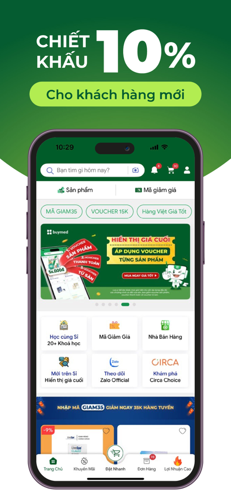 Buymed Vietnam - Interface of the Buymed Vietnam app showing a 10 percent discount for new customers and wholesale pharmaceutical categories
