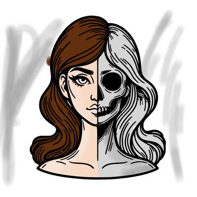 bust of a woman, half face and hair, half skull