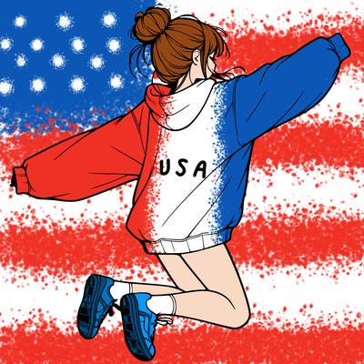 realistic girl jumping with a bun and oversized sweatshirt