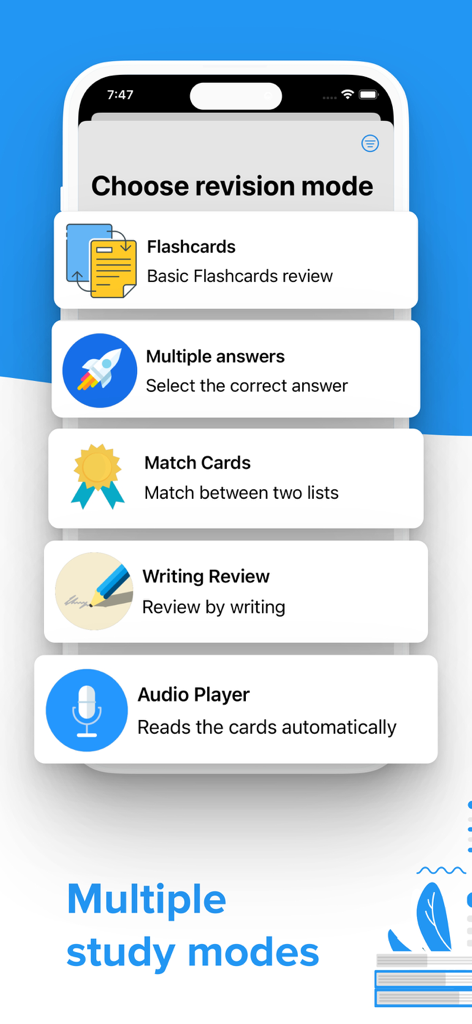 Flashcards World - AI Cards - Flashcards World app interface showing multiple study modes like flashcards, multiple choice, and match cards.