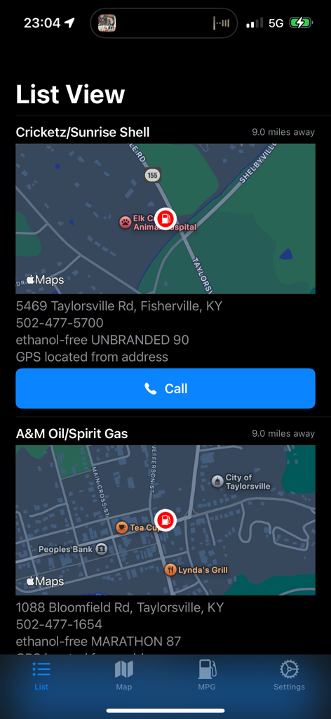 Pure Gas - Pure Gas app interface showing a list of nearby ethanol-free gas stations with map locations and call button