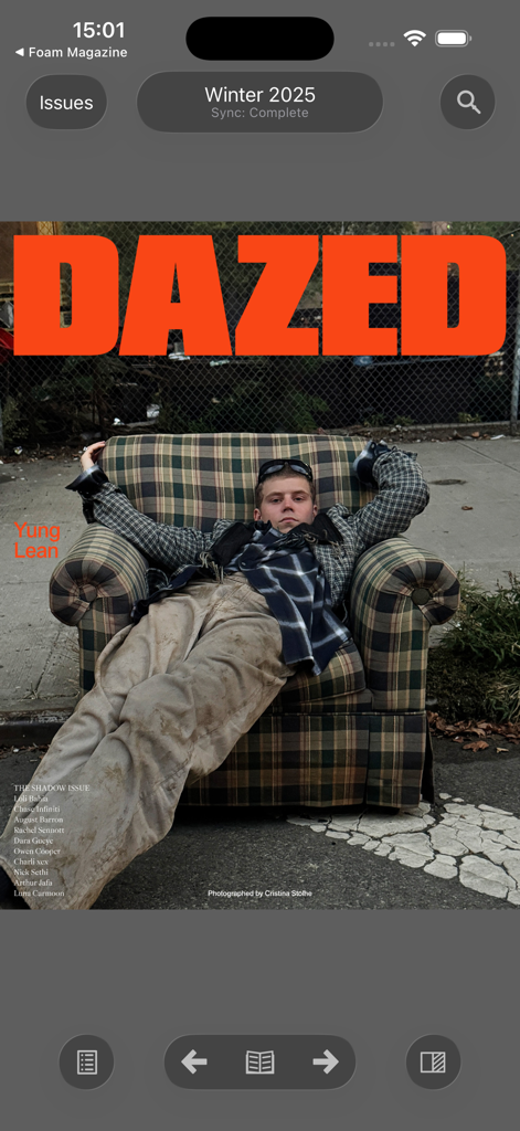 Dazed Magazine - Portada digital del número de invierno de 2025 de Dazed Magazine con Yung Lean en la interfaz de la aplicación.