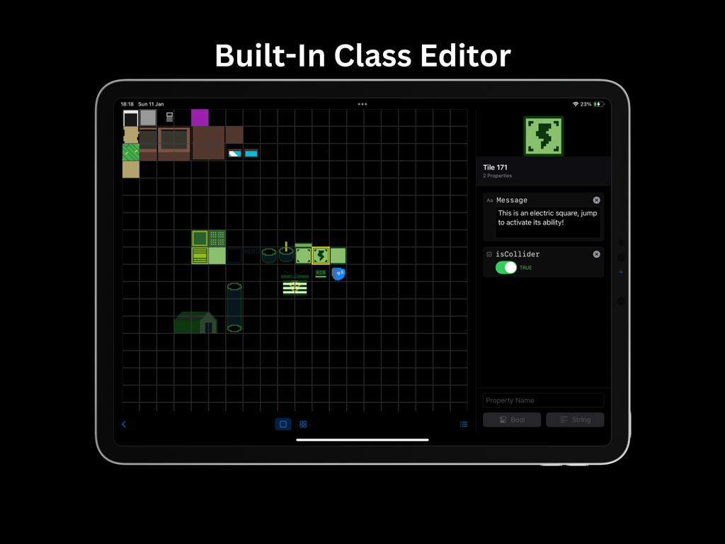 TilePix - TilePix app interface on iPad showing the built-in class editor for customizing game tile properties