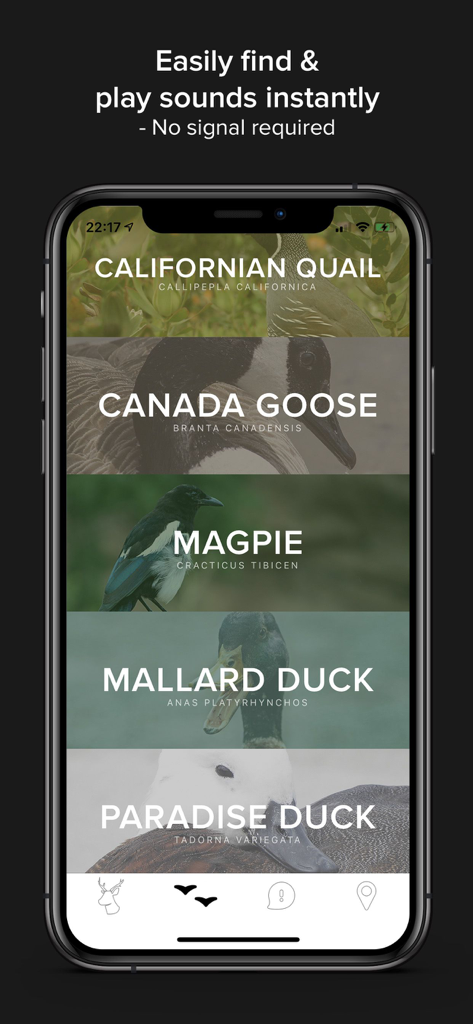 Game Calls NZ - Interface of Game Calls NZ app listing hunting sounds for Californian Quail Canada Goose Magpie and Mallard Duck