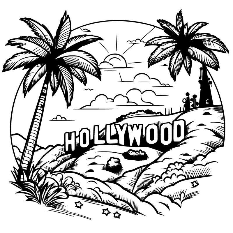 realistic pretty hollywood sign on mountain with palm trees