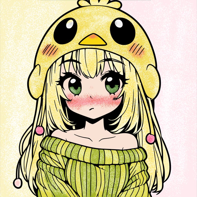 anime girl with chick shaped hat with sweater with bare shoulders with bangs covering them one eye with low tail