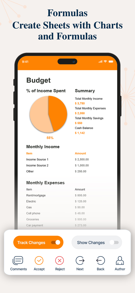 PPT Editor: Power Point Sheets - Spreadsheet budget view in PPT Editor app featuring a pie chart and expense list