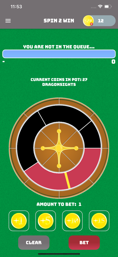 Spin 2 Win - Social Gambling - 룰렛 휠과 토큰 베팅 버튼이 특징인 Spin 2 Win 게임의 모바일 인터페이스