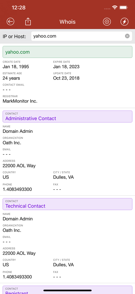 Network Utilities & Analyzer - Whois lookup interface showing domain registration and contact information for yahoo.com