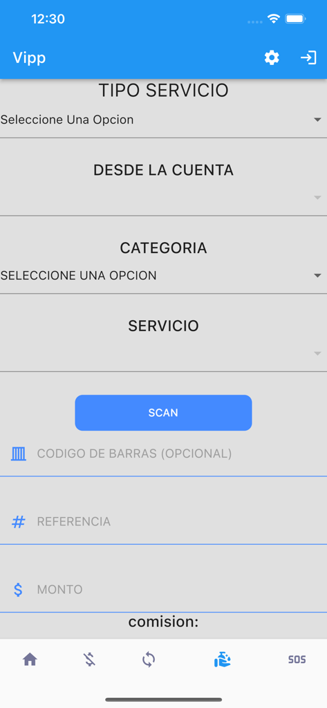Vipp App - Pantalla de Vipp App para gestionar pagos de servicios y escanear códigos de barras