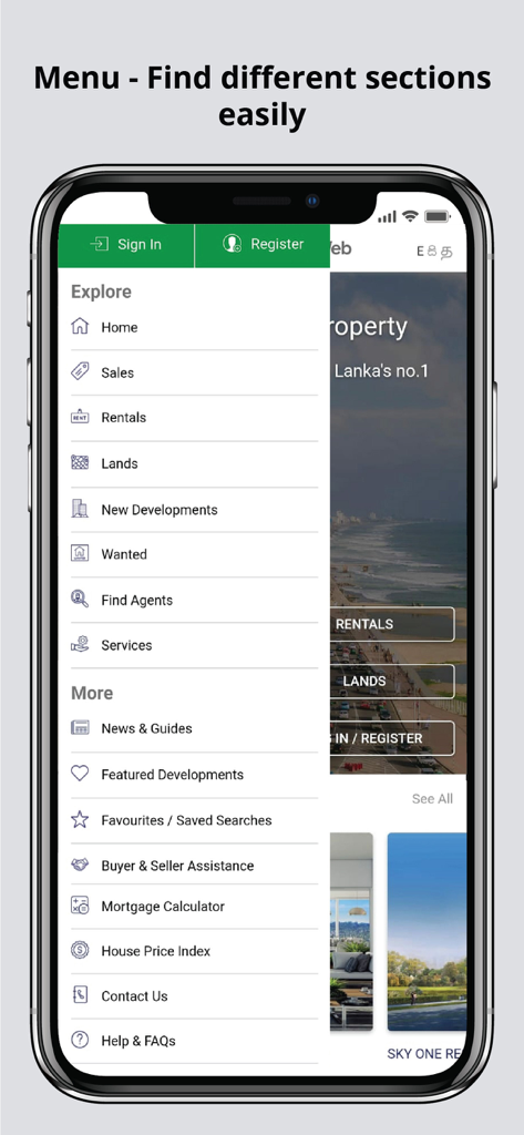 LankaPropertyWeb Property App - LankaPropertyWeb app menu with property sales rentals and mortgage calculator sections