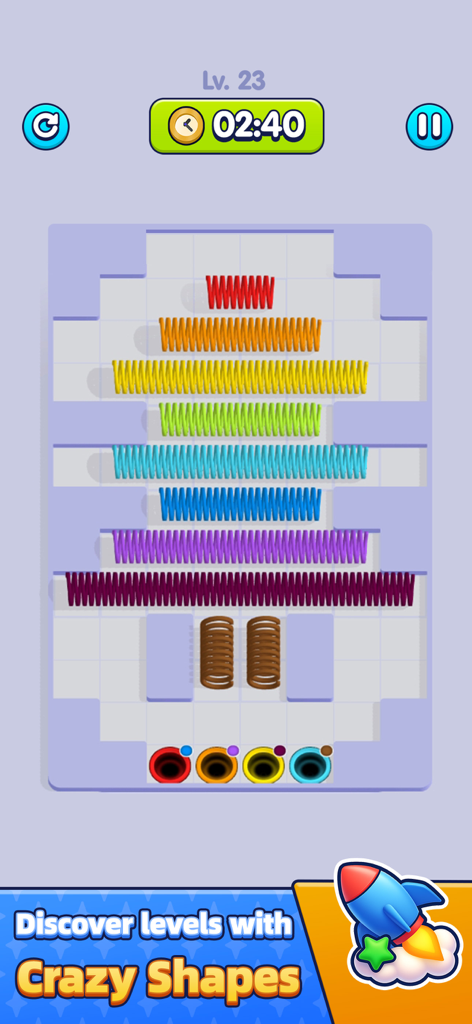 Slinky Go puzzle game screen showing colorful spring sorting level with a timer.