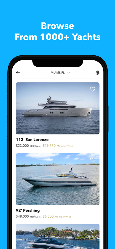 YachtLife | Yacht Charter - YachtLife app screen showing a selection of luxury yachts available for charter in Miami with transparent pricing