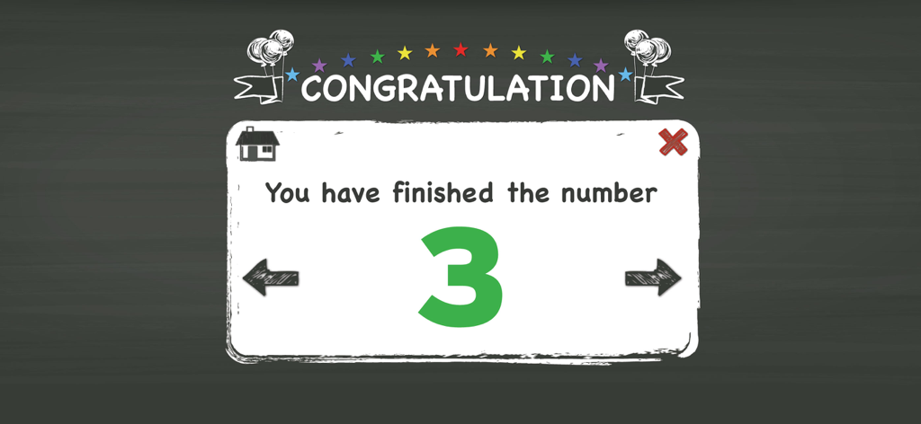 Uma tela de parabéns no aplicativo Trace Numbers mostrando um número três verde em um fundo de quadro negro.