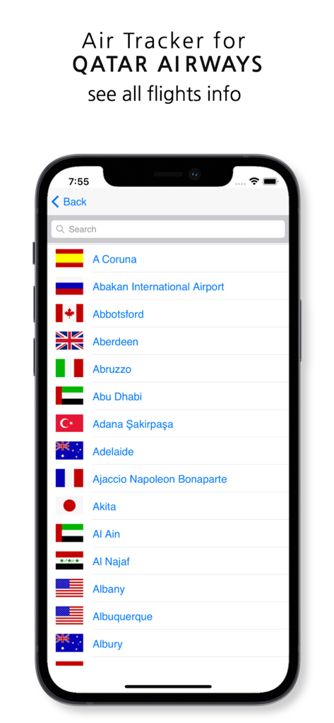 List of global airports with flags in the Qatar Airways flight tracker app