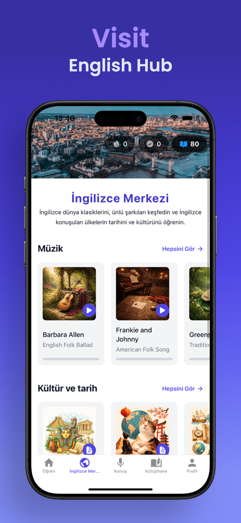 Learn English by FluenTech - Interfaz de la aplicación Learn English by FluenTech que muestra el English Hub con lecciones de música y cultura.