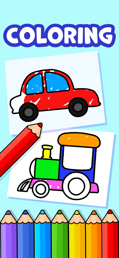 Ein Malaktivitätsbildschirm für Kleinkinder mit einer Auto- und einer Zugillustration sowie verschiedenen Buntstiften.