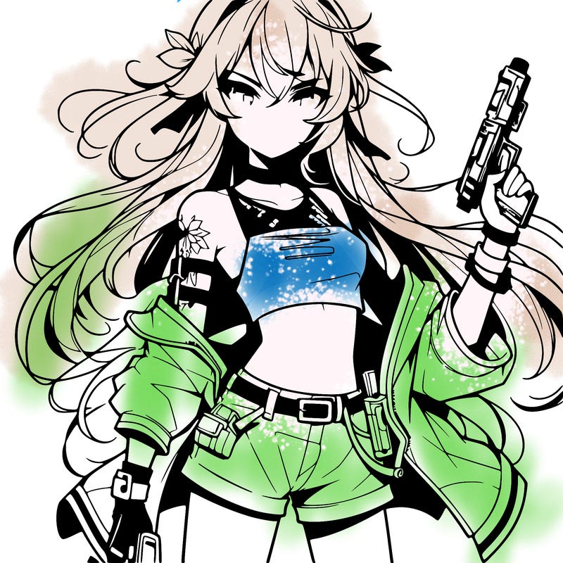bad girl wearing crop top holding a gun long hair anime