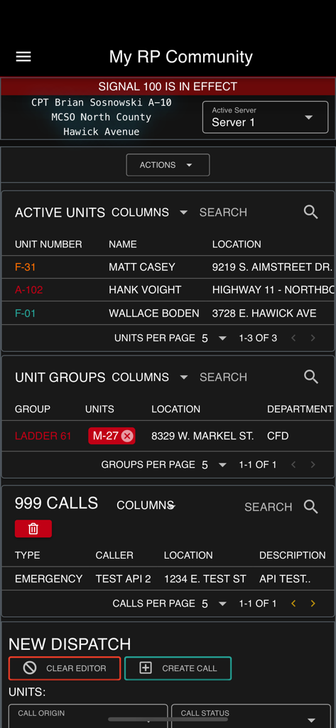 Sonoran CAD - Sonoran CAD mobile dashboard showing active units and emergency dispatch calls for a roleplay community