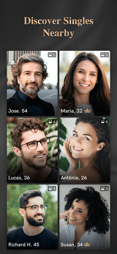 Interfaz de la aplicación de citas Luxy PRO que muestra perfiles de solteros de élite cercanos