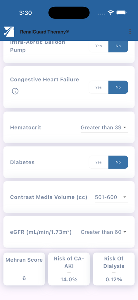 RenalGuard® AKI Calculator - RenalGuard AKI Calculator interface showing clinical data inputs and calculated risk scores including Mehran Score and CA-AKI percentage.