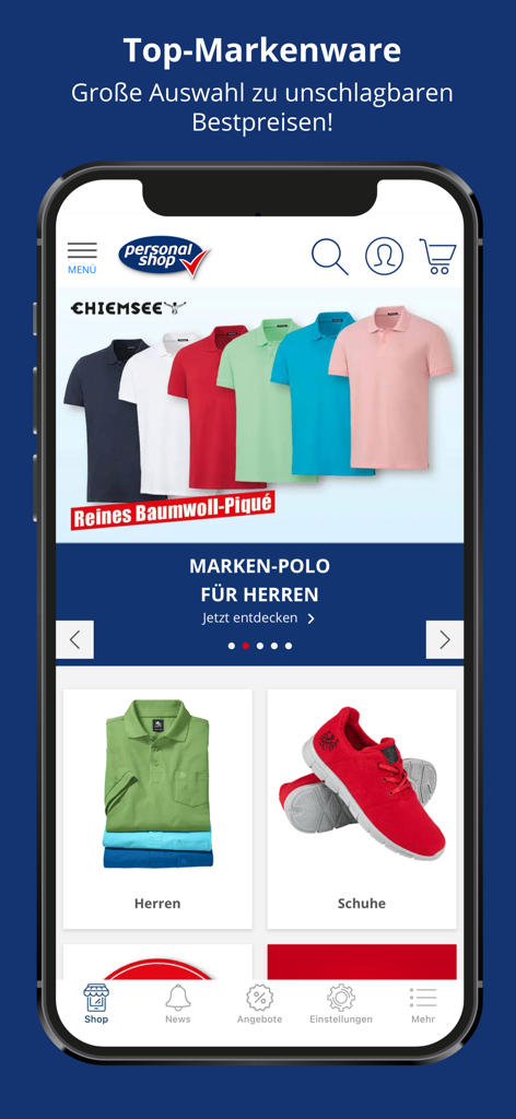 La interfaz de la aplicación móvil Personalshop muestra polos y calzado de marca para hombre.
