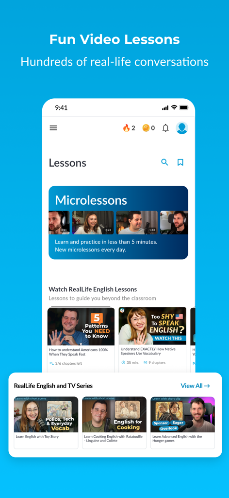 RealLife: Speak, Learn English - Une interface de smartphone montrant diverses leçons vidéo et mini-leçons pour apprendre l'anglais à travers des conversations réelles et des films populaires
