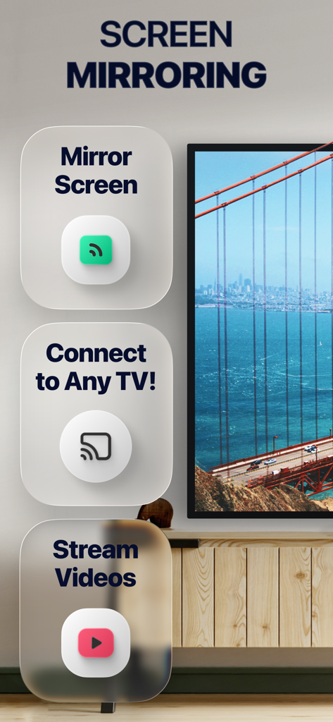 Screen mirroring app interface showing options to mirror screen connect to any TV and stream videos