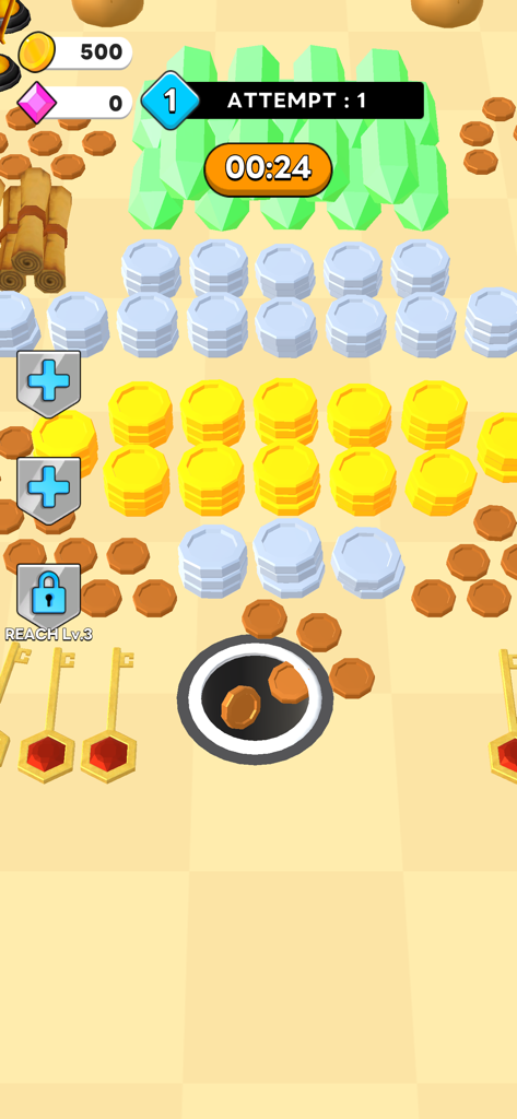 Money Hole! - Money Hole game screen showing coins and crystals being collected by a black hole.