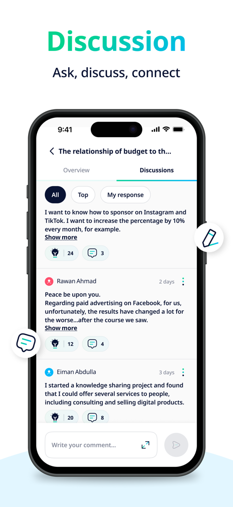 Mobile app interface showing a discussion forum where users interact and share insights on educational topics.