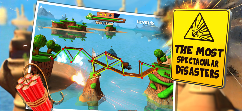 Bridge Builder Simulator - Gameplay screenshot of Bridge Builder Simulator showing a truck on a collapsing bridge with explosions and a spectacular disasters sign.