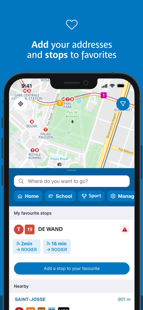 Aplicación STIB-MIVB mostrando un mapa de Bruselas y una lista de paradas de tránsito favoritas con tiempos de espera en tiempo real